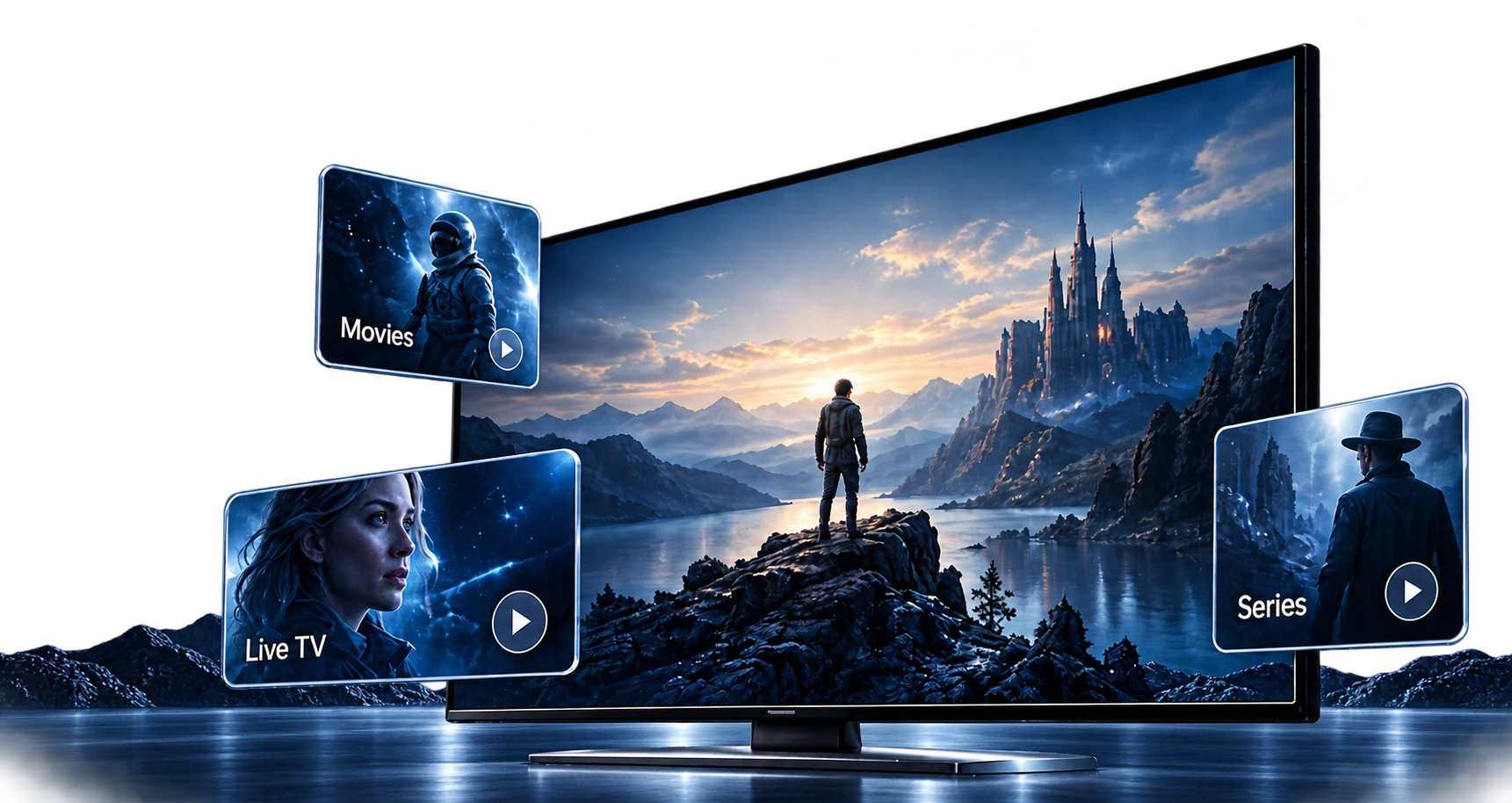 A realistic television on a reflective midnight-blue floor, with fixed Live TV, Movies and Series picture cards